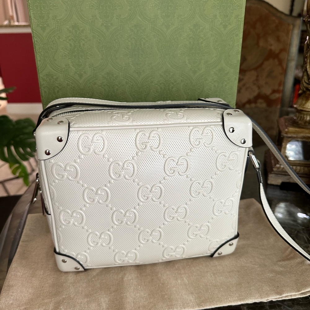 Authentic GUCCI Calfskin GG Tennis Embossed Square Messenger Bag Mystic White
